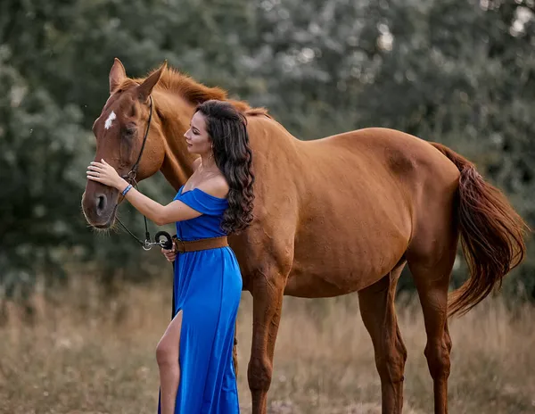 Hermosa Chica Pelo Largo Vestido Azul Con Caballo Rojo —  Fotos de Stock