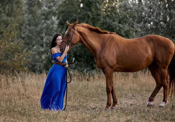 Beautiful Long Haired Girl Blue Dress Red Horse — Stock Photo, Image