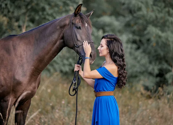 茶色の馬と青いドレスの美しい長髪の女の子 — ストック写真