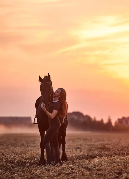 Een Meisje Naast Een Fries Paard Bij Zonsondergang Een Veld — Stockfoto