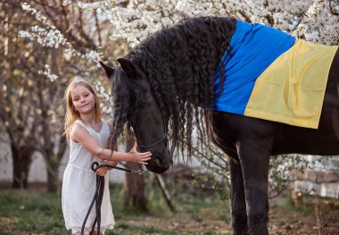 Çiçek açan bir bahçede, Ukrayna bayrağıyla Frizya aygırının yanında güzel küçük bir kız.