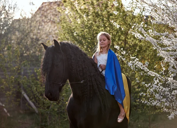 Güzel sarışın kız Ukrayna bayrağıyla Frizya atı sürüyor.