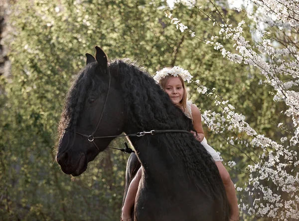 Beautiful Little Girl White Hair Spring Wreath Riding Friesian Horse — Stock Photo, Image