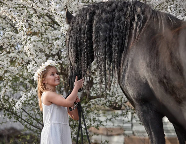 庭の春の花輪の白い髪をした美しい女の子は馬と一緒に — ストック写真