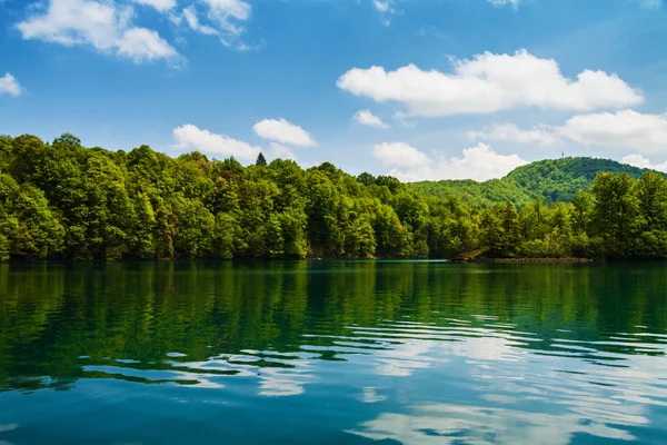 Forest and clouds with reflection in a calm lake — Stock Photo, Image