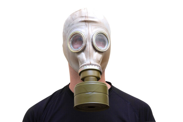 Man with old style gas mask isolated on white background, front