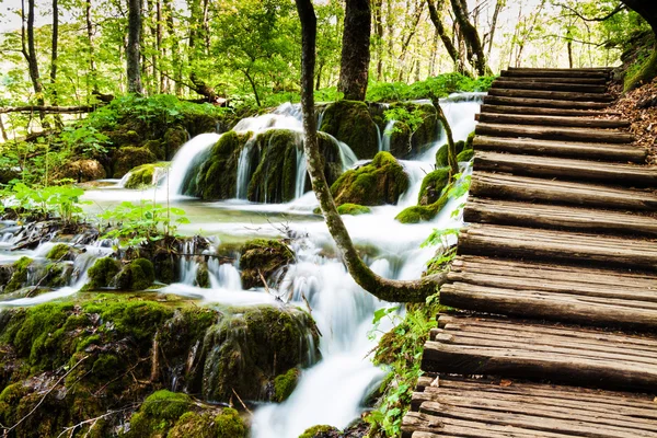 Wooden track near a forest waterfall in Plitvice Lakes National — Stock Photo, Image