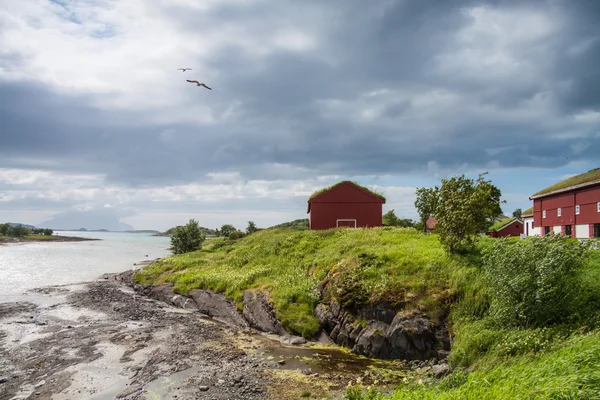 Maisons près de la mer avec marée basse, Norvège — Photo