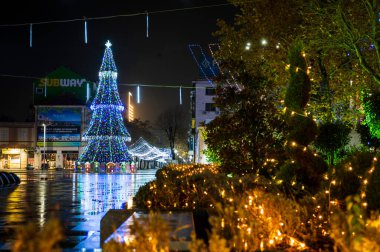 Burgaz, Bulgaristan - 10 Aralık 2020 Noel ve Yeni Yıl pazarı. Şehir çelenkler ve Noel ışıklarıyla süslenmiş. Noel ağaçları ve merkez meydanda atlı karınca. Kış izlenimleri.