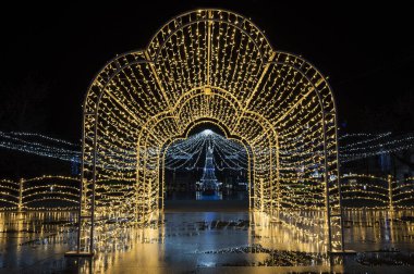 Bulgaristan Burgaz. Noel ve yeni yıl pazarı. Şehir çelenkler ve Noel ışıklarıyla süslenmiş. Noel ağaçları ve merkez meydanda atlı karınca. Bulgaristan 'ın kış izlenimleri