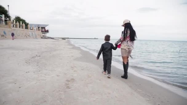 ママと息子は一緒に秋のビーチに沿って歩いているバカ — ストック動画