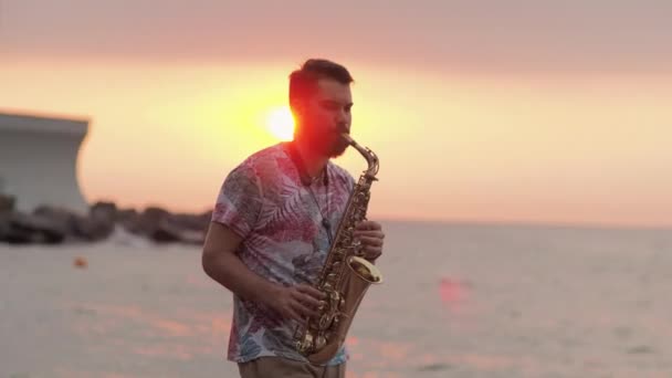 Fecha en el mar al amanecer Picnic Un hombre realiza una serenata para su amada — Vídeos de Stock