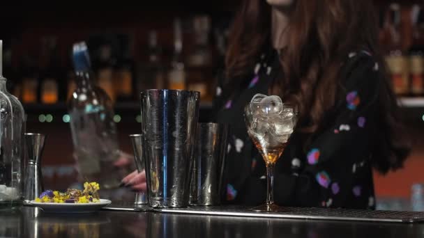 Pelirroja chica Joven mujer adulta barman prepara mezclas de papel avión cóctel en el bar — Vídeos de Stock