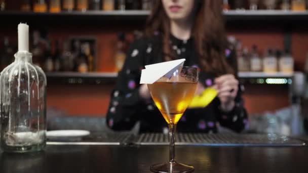 Rödhårig flicka ung vuxen kvinna bartender förbereder blandar papper flygplan cocktail bar häller is klockor — Stockvideo