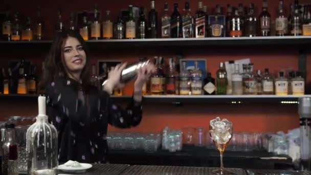 Roodharige meisje jong volwassen vrouw barman bereidt mixen papier vliegtuig cocktail bar schenkt ijsklokken — Stockvideo