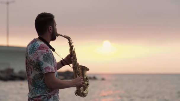 Rande na moři za úsvitu Piknik Muž předvádí serenádu pro svou milovanou — Stock video