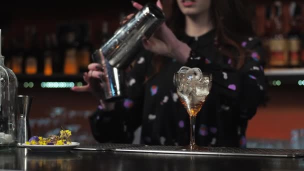 Rödhårig flicka ung vuxen kvinna bartender förbereder blandar papper flygplan cocktail i baren — Stockvideo