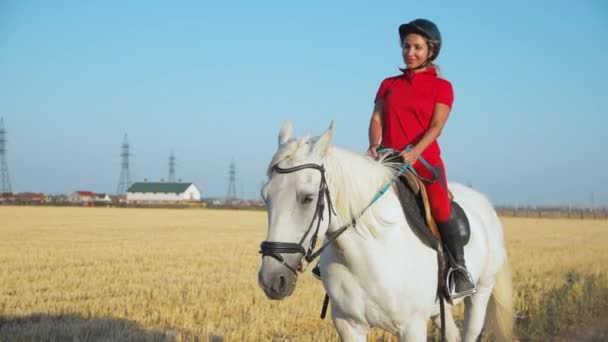 Een Vrouw Een Rood Uniform Loopt Een Wit Paard Een — Stockvideo