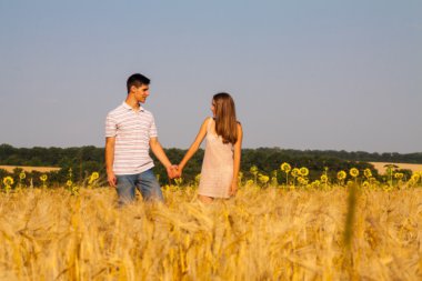 genç bir çift buğday alanı yürüyüş