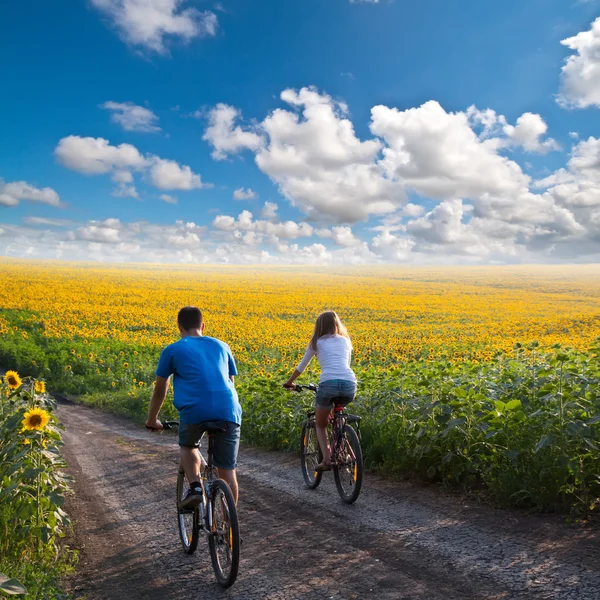 Coppia di adolescenti in bicicletta nel campo di girasole — Foto Stock