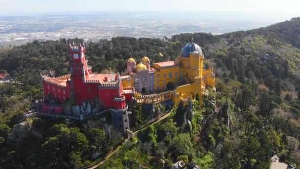 4k Aerial drone view of Pena Palace Sintra, Portugal — стокове відео