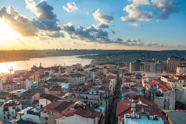 Istanbul Sunset Panorama to Golden Horn and Galata district from Galata tower