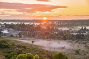 Güneş ışığı ve sisli çayırların doğuşu.
