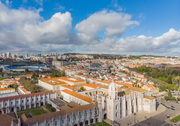 Aerial drone view of historic monastery Mosteiro dos Jeronimos Lisbon Portugal — Foto de Stock