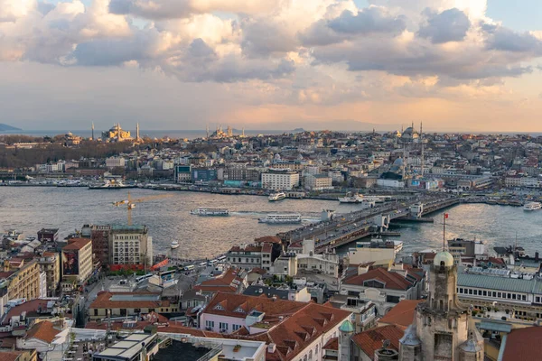 Panorama Zachodu Słońca Stambule Dzielnicy Golden Horn Galata — Zdjęcie stockowe