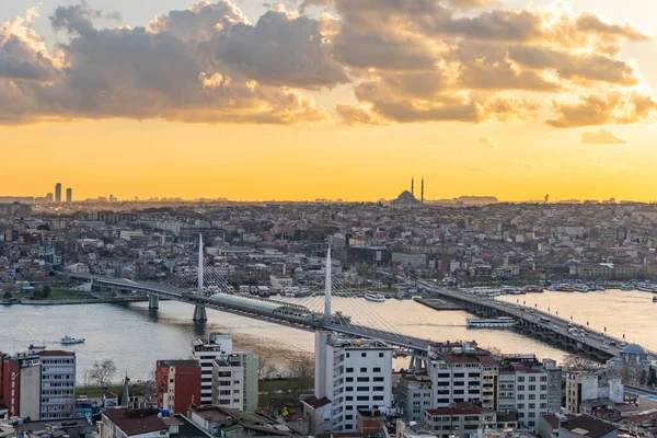 Aerial Istanbul Sunset Panorama Golden Horn Galata District — Stock Photo, Image