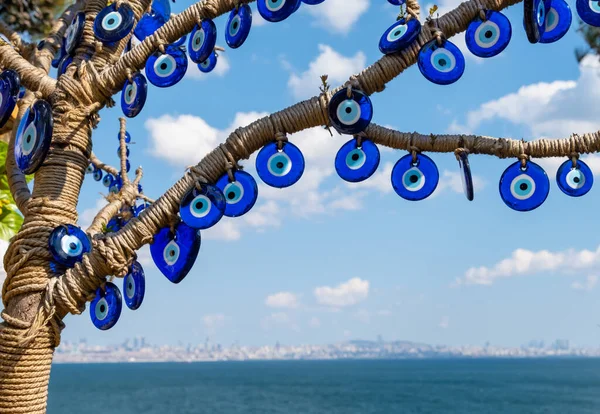 Evil Eye Beads Closeup Sea Background Nazar Beads Turkish Superstition — Foto de Stock