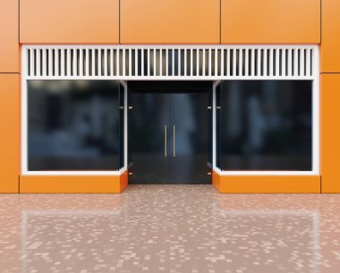 Modern lüks sarı mağaza cephesi - büyük pencereli sarı dükkan önü 3D