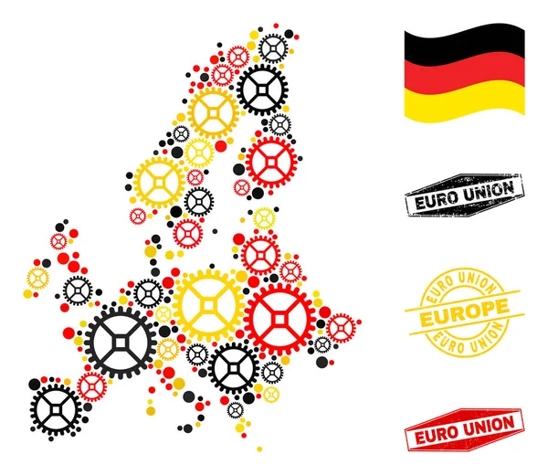 Cog Collage Euro Union Carte en couleurs du drapeau allemand et sceaux Grunge — Image vectorielle