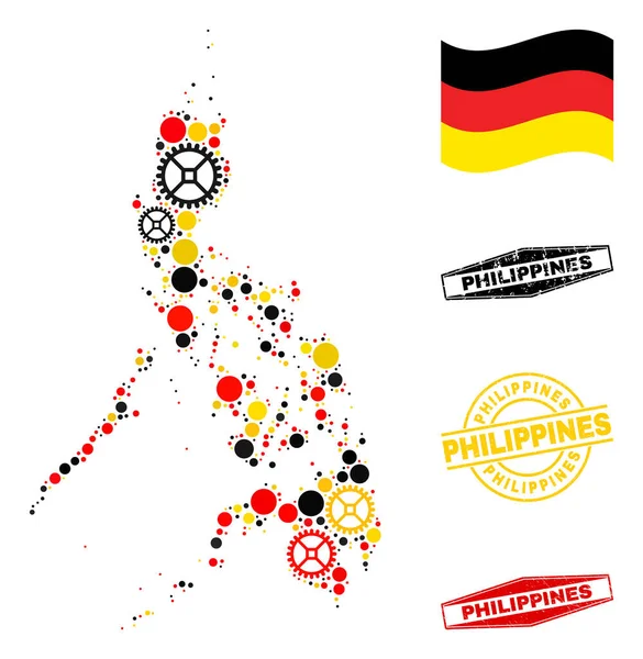 Mappa Wheel Mosaic Filippine in Tedesco Bandiera Colori e Sigilli Grunge — Vettoriale Stock