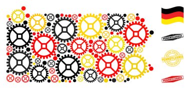 Alman Bayrak Renkleri ve Grunge Mühürleriyle Pennsylvania Eyalet Haritası Mekanik Bileşimi