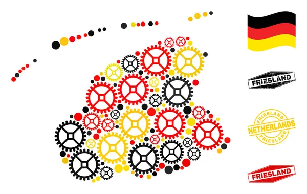 Mapa Industrial da Província da Frísia em Mosaico Bandeira Alemã Cores e Selos Grunge — Vetor de Stock