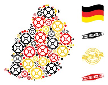 Çarklı Kolaj Mauritius Adası Alman Bayrak Renkleri ve Grunge Mührü Haritası