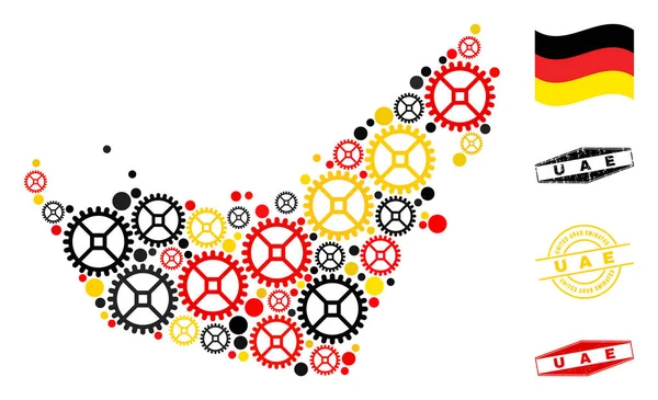 Composición de Ruedas Emiratos Árabes Unidos Mapa en Bandera Alemana Colores y Grunge Sellos — Archivo Imágenes Vectoriales