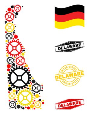 Alman Bayrak Renkleri ve Grunge Mühürleriyle Endüstriyel Mozaik Delaware Devlet Haritası