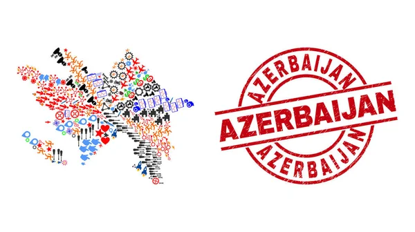 Sello de angustia de Azerbaiyán y mapa de Azerbaiyán Mosaico de diferentes pictogramas — Vector de stock
