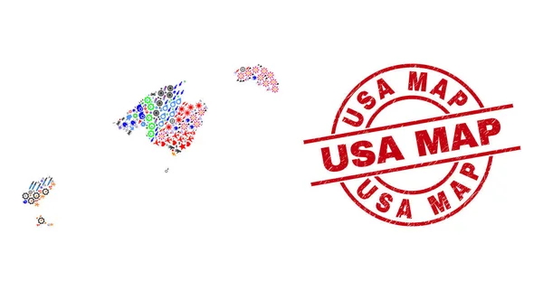 USA Map Distress Stamp and Balearic Islands Map Collage of Different Pictograms — Stock Vector