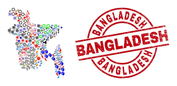 Bangladesh Scratched Stamp och Bangladesh Karta Collage av olika symboler — Stock vektor