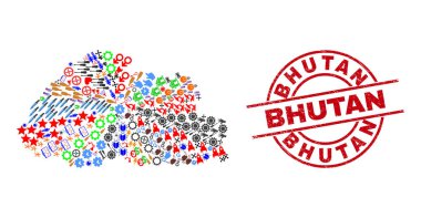 Bhutan Tehlike Mührü ve Bhutan Harita Kolajı Farklı Simgeler