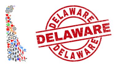 Delaware Tehlike Damgası ve Delaware Devlet Haritası Farklı Eşyalar Mozaiği
