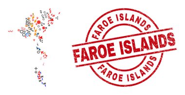 Faroe Adaları Grunge Mührü ve Faroe Adaları Farklı Nesnelerin Mozaiği