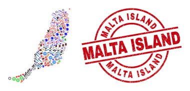 Malta Adası Damgası ve Fuerteventura Adası Haritası Farklı Semboller Mozaiği