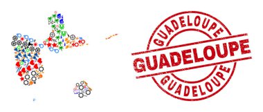 Guadeloupe Grunge Mührü ve Guadeloupe Harita Kolajı Farklı Semboller