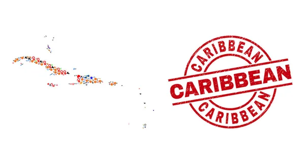 Caribbean Grunge Watermark och Karibiska öarna Karta Collage av olika ikoner — Stock vektor