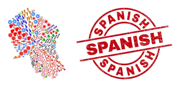 Francobolli con Texture Spagnole e Cordova Mappa della Provincia Spagnola Mosaico di Articoli Diversi — Vettoriale Stock