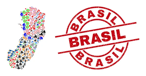 Brasil Grunge Stamp Seal et Espirito Santo State Carte Collage de différentes icônes — Image vectorielle